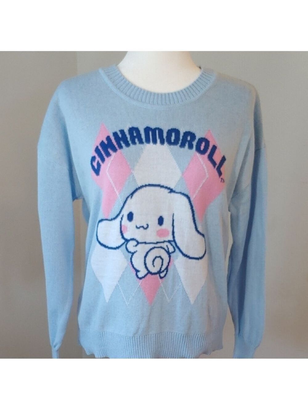Cinnamoroll Sanrio Argyle Women's Crew Neck Sweater in Baby Blue Size Large